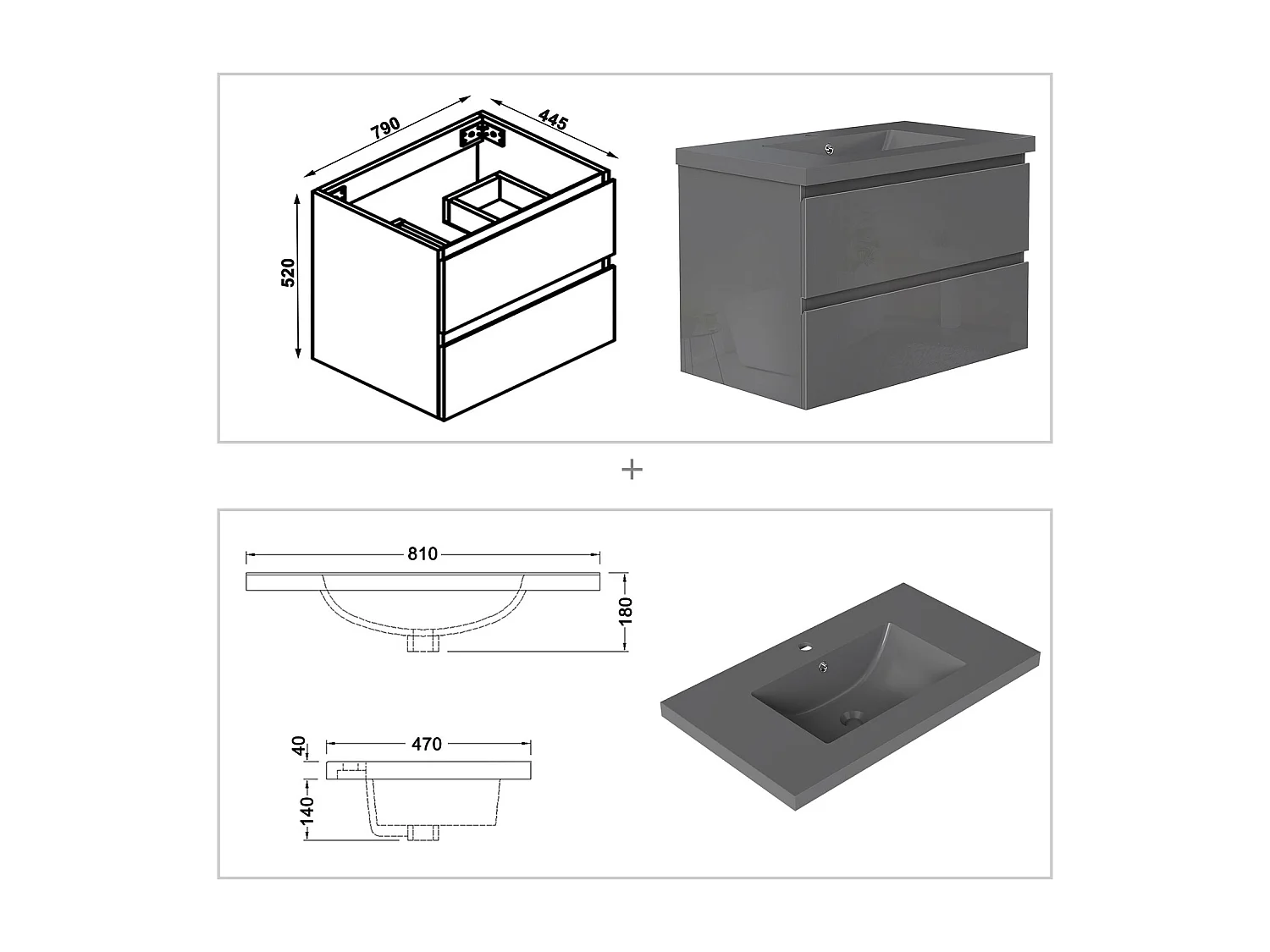 AICA Waschbeckenunterschrank hängend 80cm Dunkelgrau Mineralguss-Waschbecken mit Unterschrank - Hochglanz Dunkelgrau - CINIC
