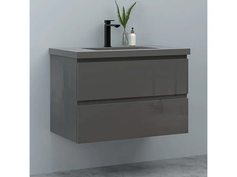 AICA Waschbeckenunterschrank hängend 80cm Dunkelgrau Mineralguss-Waschbecken mit Unterschrank - Hochglanz Dunkelgrau - CINIC