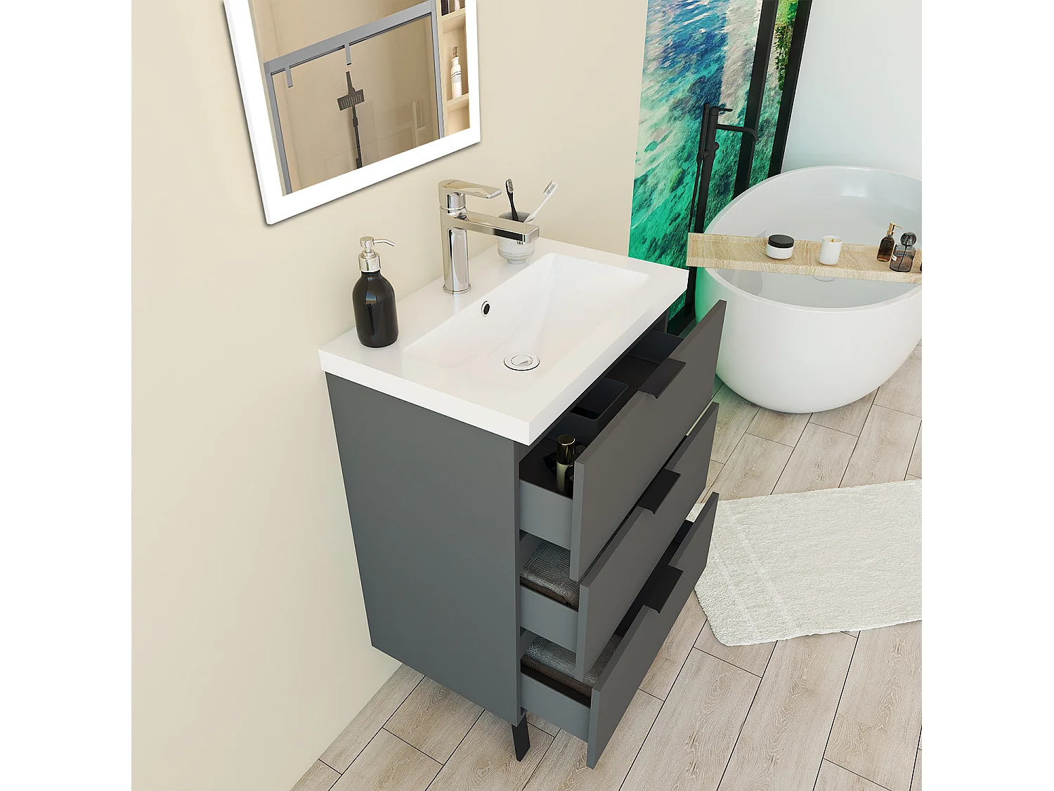 Mueble de baño moderno suspendido con 3 cajones y lavabo, anchura 60 cm, sistema de cierre amortiguado, color antracita，60  x 38.5 x 85 cm.