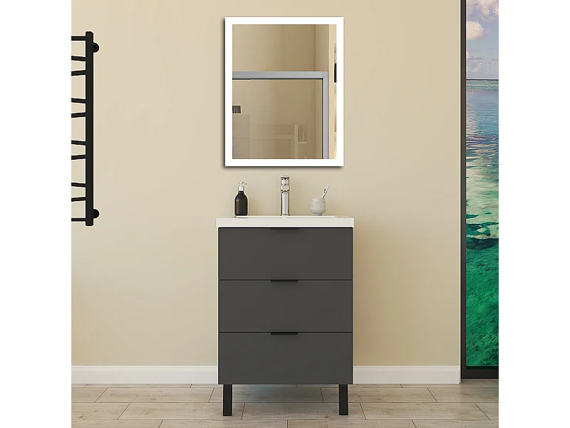 Mueble de baño moderno suspendido con 3 cajones y lavabo, anchura 60 cm, sistema de cierre amortiguado, color antracita，60  x 38.5 x 85 cm.