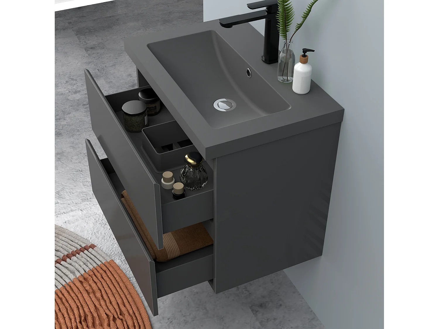 AICA Waschbeckenunterschrank hängend 60cm Dunkelgrau Mineralguss-Waschbecken mit Unterschrank - Hochglanz Dunkelgrau - CINIC