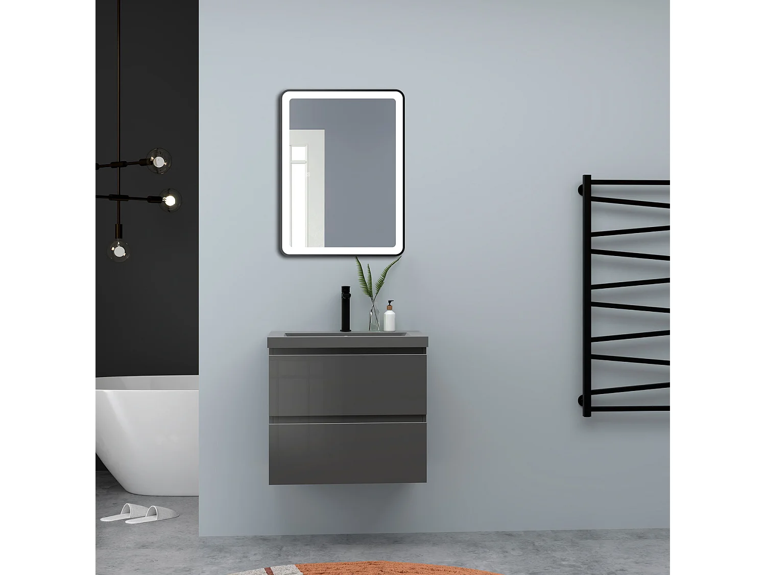 AICA Waschbeckenunterschrank hängend 60cm Dunkelgrau Mineralguss-Waschbecken mit Unterschrank - Hochglanz Dunkelgrau - CINIC