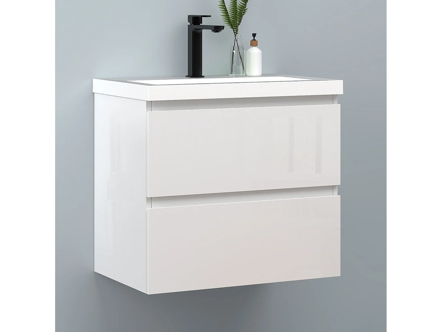 AICA Waschbeckenunterschrank hängend 60cm Rechteckiges Mineralguss-Waschbecken mit Unterschrank - Hochglanz Weiß - CINIC