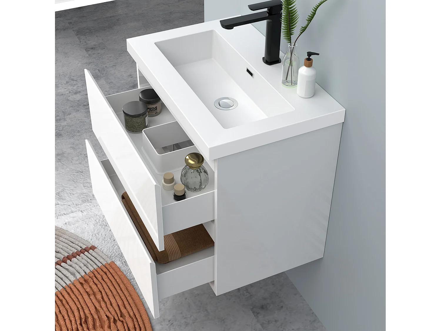 AICA Waschbeckenunterschrank hängend 60cm Rechteckiges Mineralguss-Waschbecken mit Unterschrank - Hochglanz Weiß - CINIC