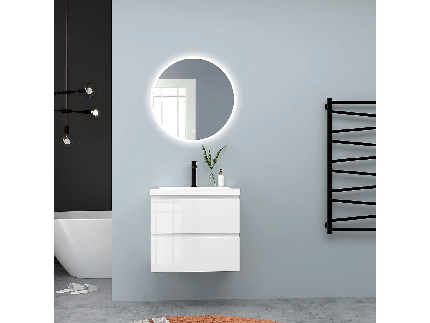 AICA Waschbeckenunterschrank hängend 60cm Rechteckiges Mineralguss-Waschbecken mit Unterschrank - Hochglanz Weiß - CINIC