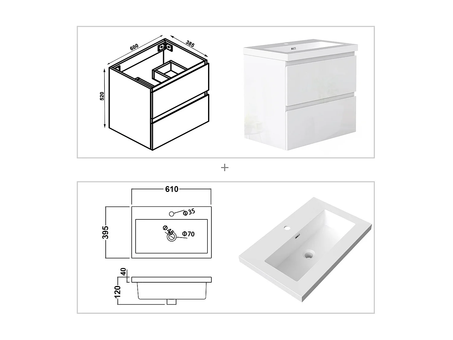 AICA Waschbeckenunterschrank hängend 60cm Rechteckiges Mineralguss-Waschbecken mit Unterschrank - Hochglanz Weiß - CINIC