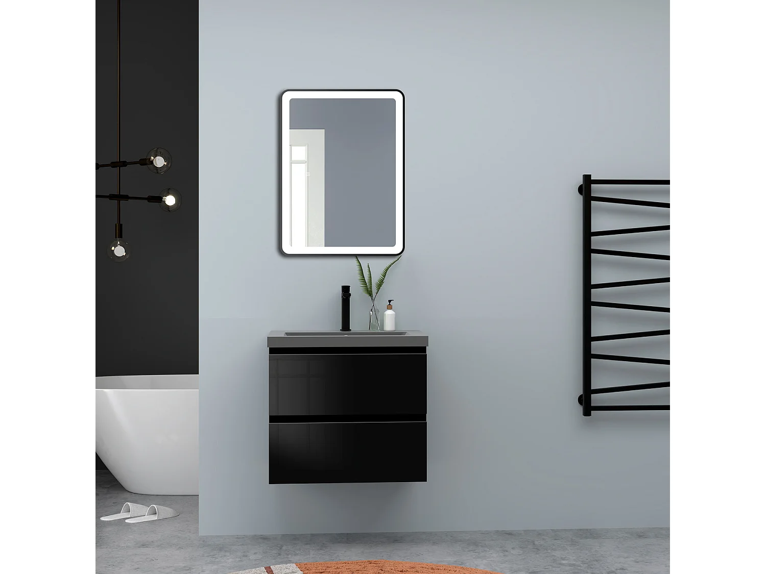 AICA Waschbeckenunterschrank hängend 60cm Dunkelgrau Mineralguss-Waschbecken mit Unterschrank - Hochglanz Schwarz - CINIC