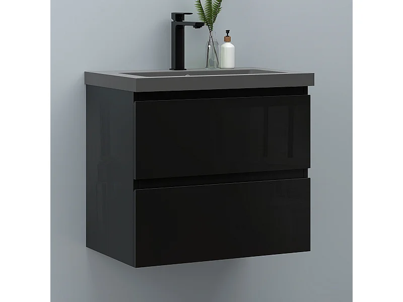 AICA Waschbeckenunterschrank hängend 60cm Dunkelgrau Mineralguss-Waschbecken mit Unterschrank - Hochglanz Schwarz - CINIC