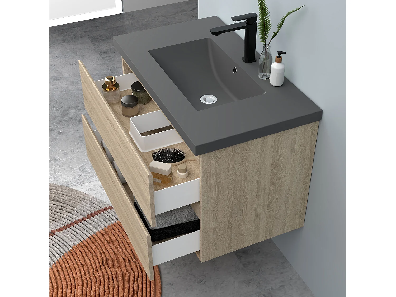 AICA Waschbeckenunterschrank hängend 80cm Dunkelgrau Mineralguss-Waschbecken mit Unterschrank - Eiche Matt - CINIC