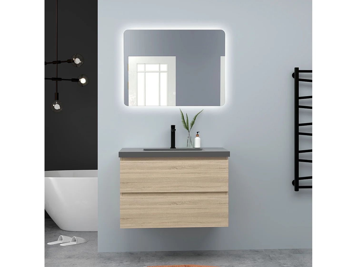 AICA Waschbeckenunterschrank hängend 80cm Dunkelgrau Mineralguss-Waschbecken mit Unterschrank - Eiche Matt - CINIC