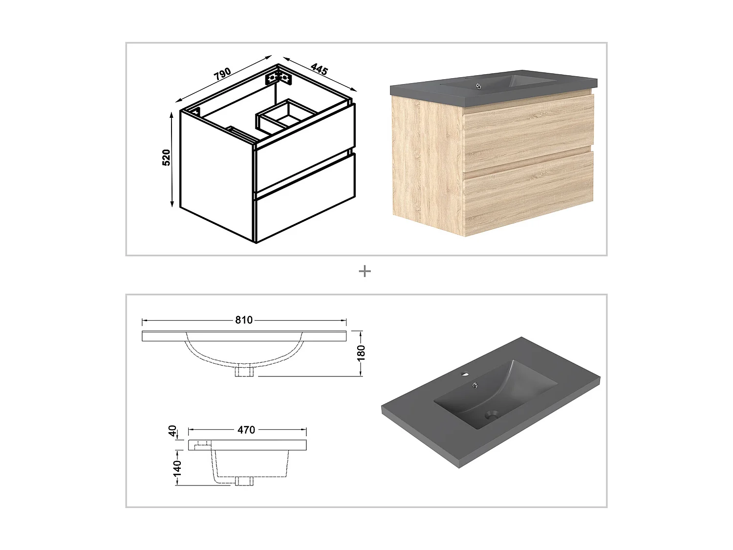 AICA Waschbeckenunterschrank hängend 80cm Dunkelgrau Mineralguss-Waschbecken mit Unterschrank - Eiche Matt - CINIC