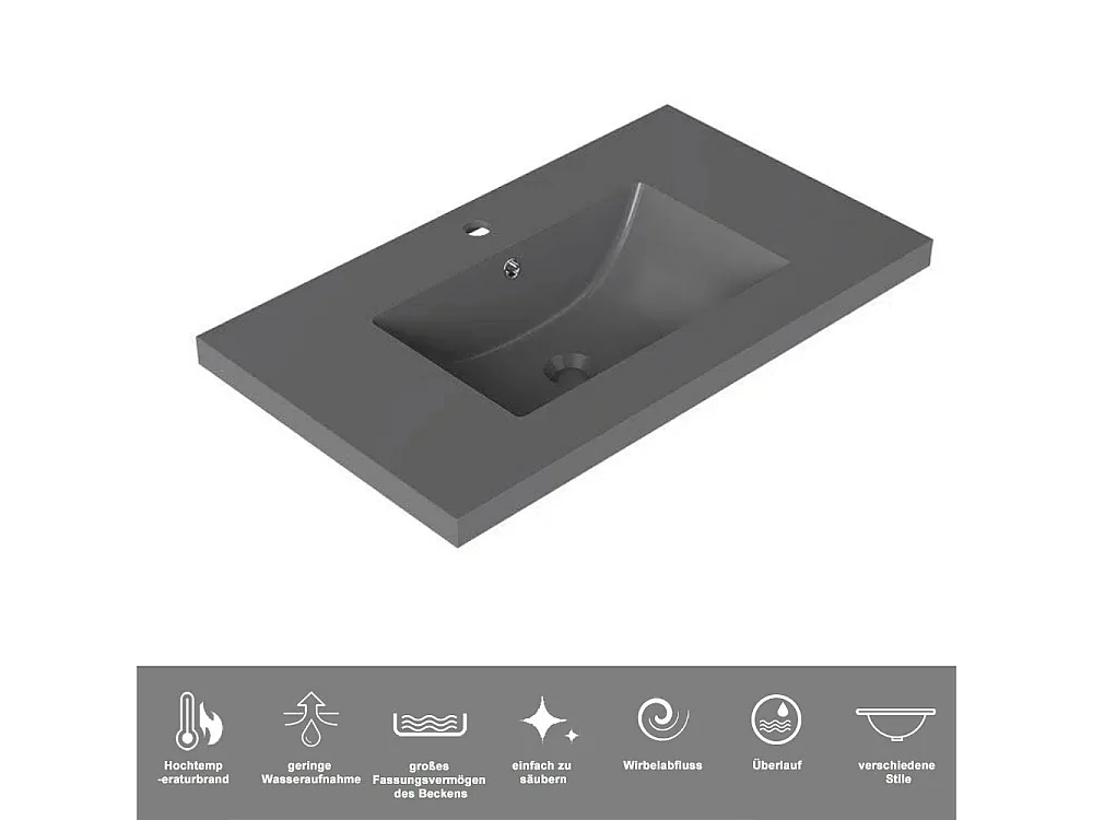 AICA Waschbeckenunterschrank hängend 80cm Dunkelgrau Mineralguss-Waschbecken mit Unterschrank - Eiche Matt - CINIC