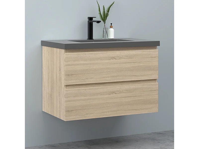 AICA Waschbeckenunterschrank hängend 80cm Dunkelgrau Mineralguss-Waschbecken mit Unterschrank - Eiche Matt - CINIC