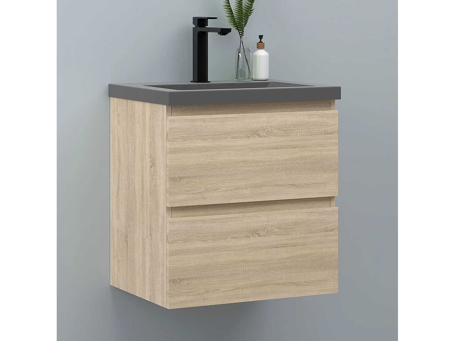 AICA Waschbeckenunterschrank hängend 50cm Dunkelgrau Mineralguss-Waschbecken mit Unterschrank - Eiche Matt - CINIC