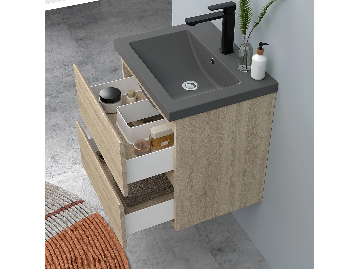 AICA Waschbeckenunterschrank hängend 50cm Dunkelgrau Mineralguss-Waschbecken mit Unterschrank - Eiche Matt - CINIC