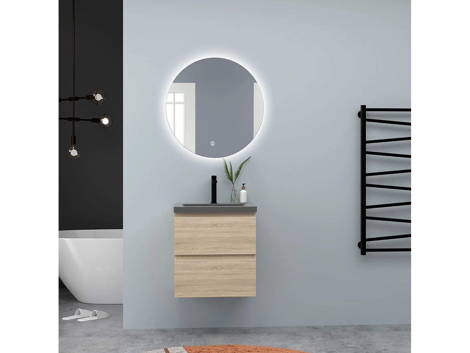 AICA Waschbeckenunterschrank hängend 50cm Dunkelgrau Mineralguss-Waschbecken mit Unterschrank - Eiche Matt - CINIC