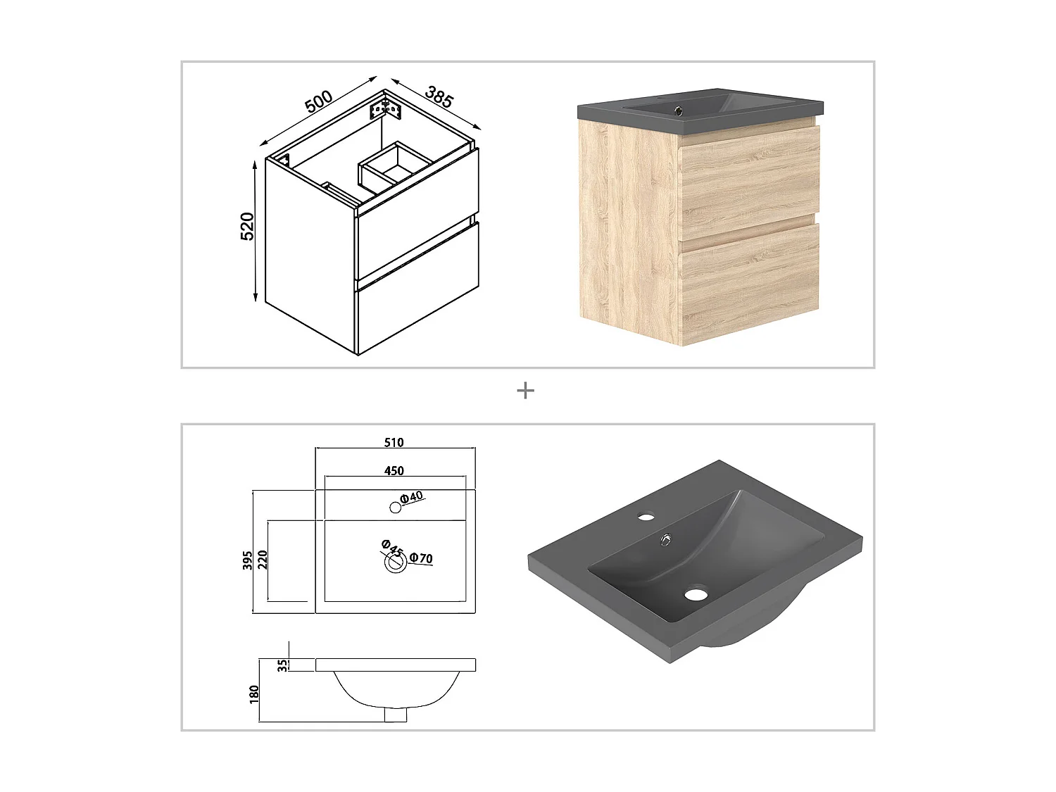 AICA Waschbeckenunterschrank hängend 50cm Dunkelgrau Mineralguss-Waschbecken mit Unterschrank - Eiche Matt - CINIC