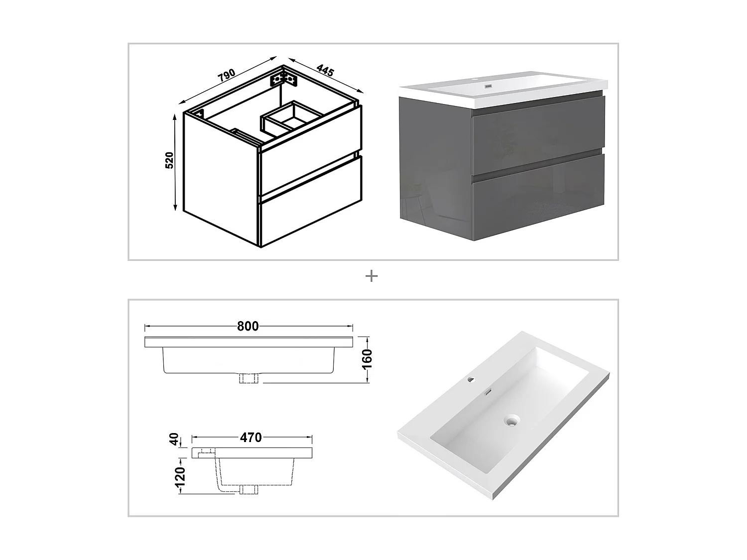 AICA Waschbeckenunterschrank hängend 80cm Rechteckiges Mineralguss-Waschbecken mit Unterschrank - Hochglanz Dunkelgrau - CINIC