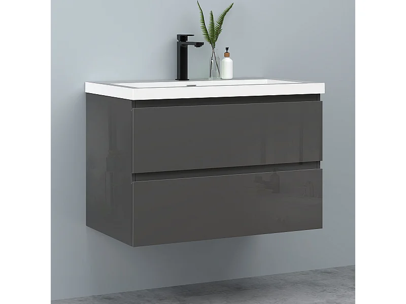 AICA Waschbeckenunterschrank hängend 80cm Rechteckiges Mineralguss-Waschbecken mit Unterschrank - Hochglanz Dunkelgrau - CINIC