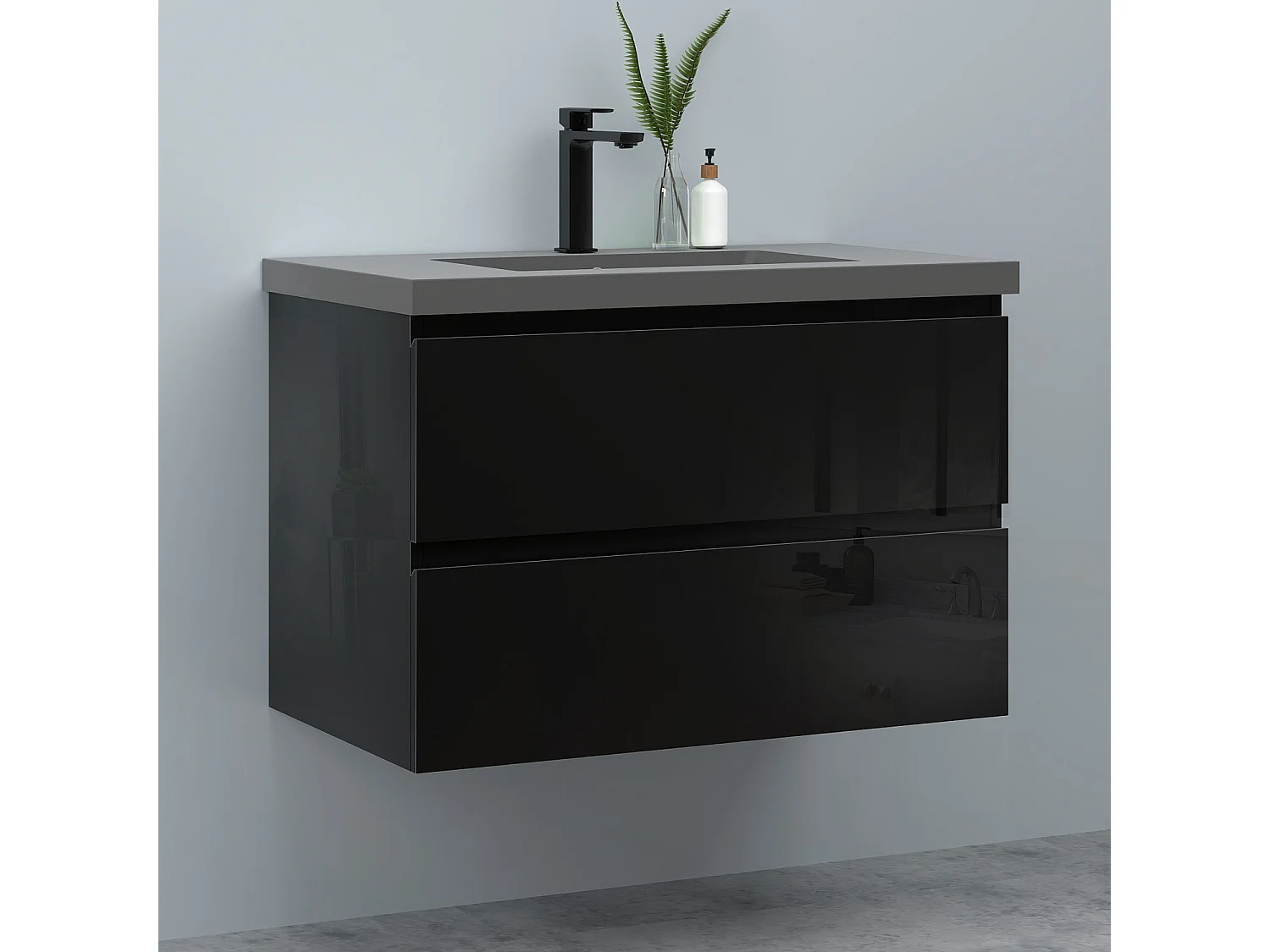 AICA Waschbeckenunterschrank hängend 80cm Dunkelgrau Mineralguss-Waschbecken mit Unterschrank - Hochglanz Schwarz - CINIC