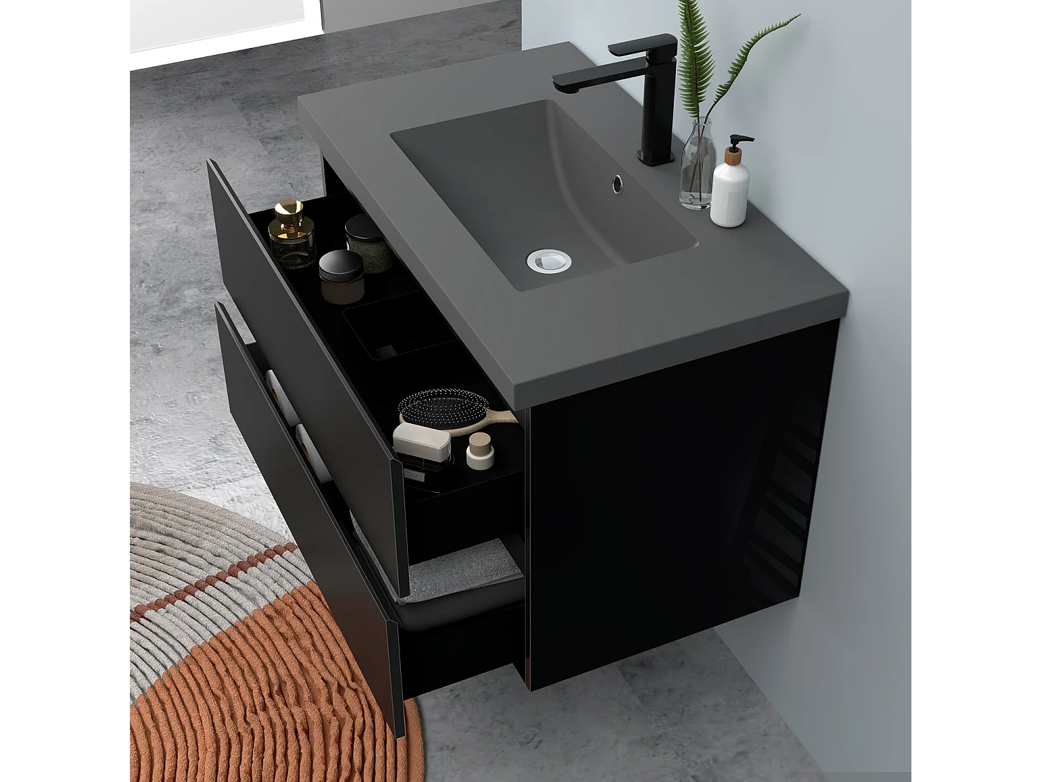 AICA Waschbeckenunterschrank hängend 80cm Dunkelgrau Mineralguss-Waschbecken mit Unterschrank - Hochglanz Schwarz - CINIC