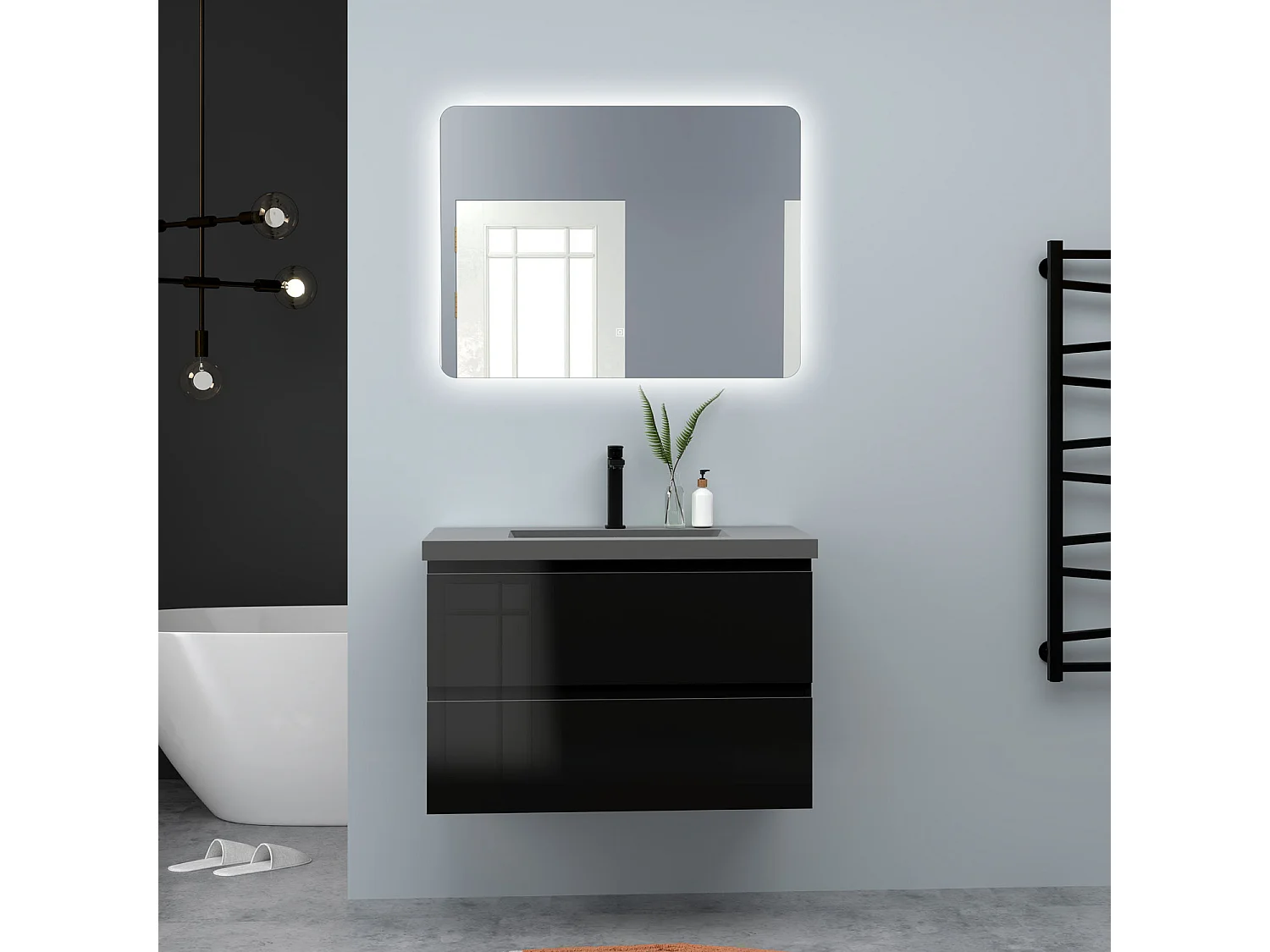 AICA Waschbeckenunterschrank hängend 80cm Dunkelgrau Mineralguss-Waschbecken mit Unterschrank - Hochglanz Schwarz - CINIC