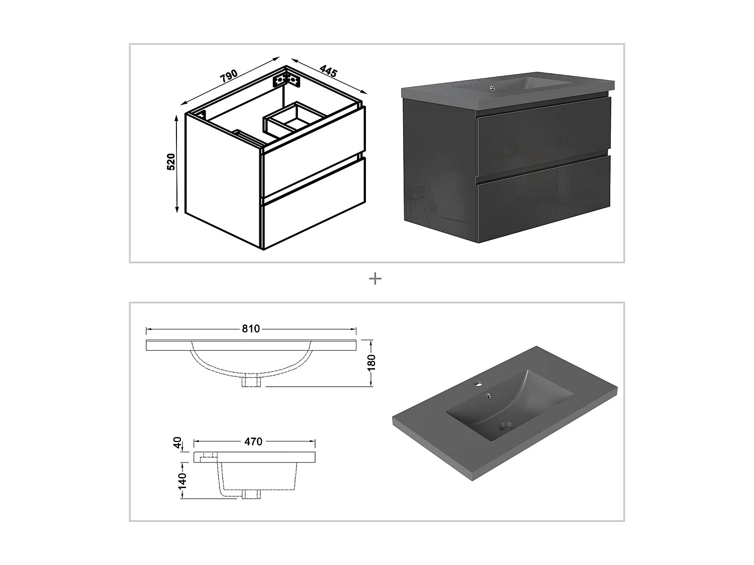 AICA Waschbeckenunterschrank hängend 80cm Dunkelgrau Mineralguss-Waschbecken mit Unterschrank - Hochglanz Schwarz - CINIC