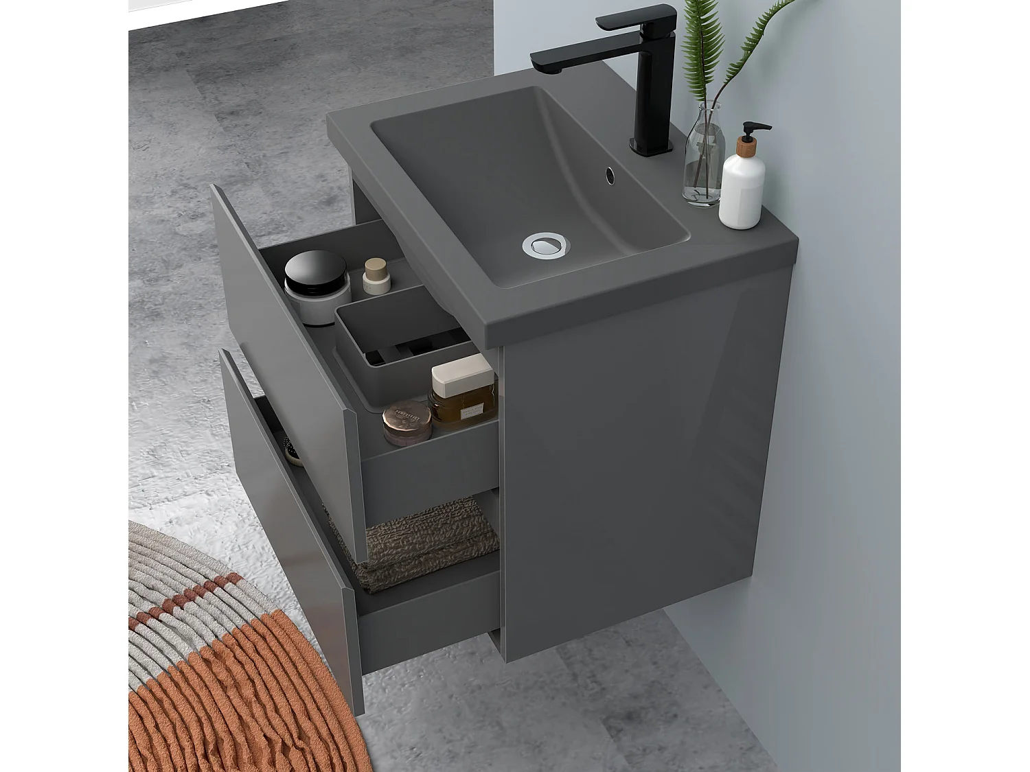 AICA Waschbeckenunterschrank hängend 50cm Dunkelgrau Mineralguss-Waschbecken mit Unterschrank - Hochglanz Dunkelgrau - CINIC