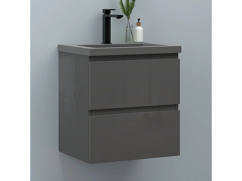 AICA Waschbeckenunterschrank hängend 50cm Dunkelgrau Mineralguss-Waschbecken mit Unterschrank - Hochglanz Dunkelgrau - CINIC