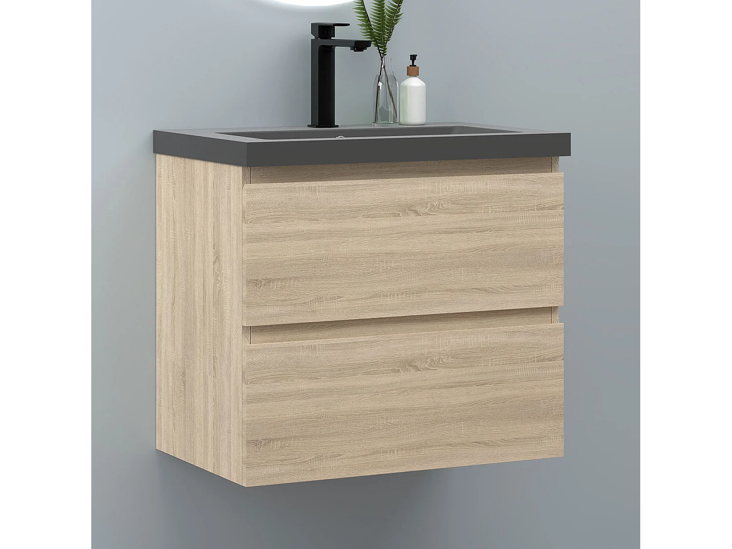 AICA Waschbeckenunterschrank hängend 60cm Dunkelgrau Mineralguss-Waschbecken mit Unterschrank - Eiche Matt - CINIC