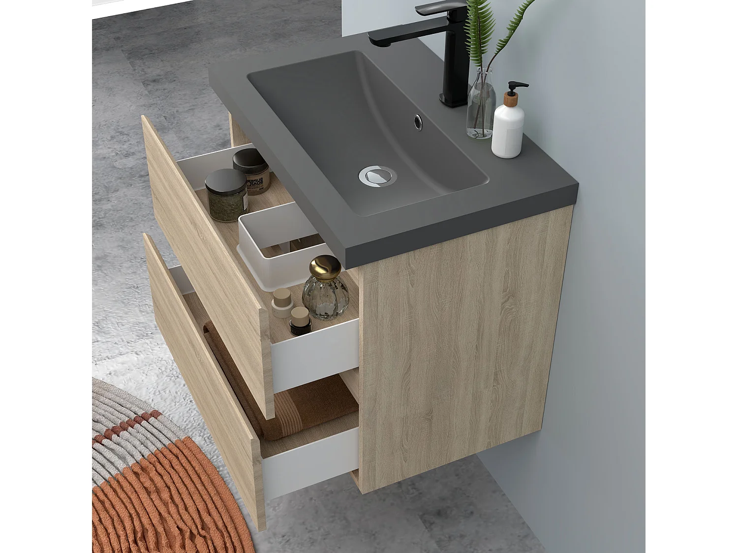 AICA Waschbeckenunterschrank hängend 60cm Dunkelgrau Mineralguss-Waschbecken mit Unterschrank - Eiche Matt - CINIC