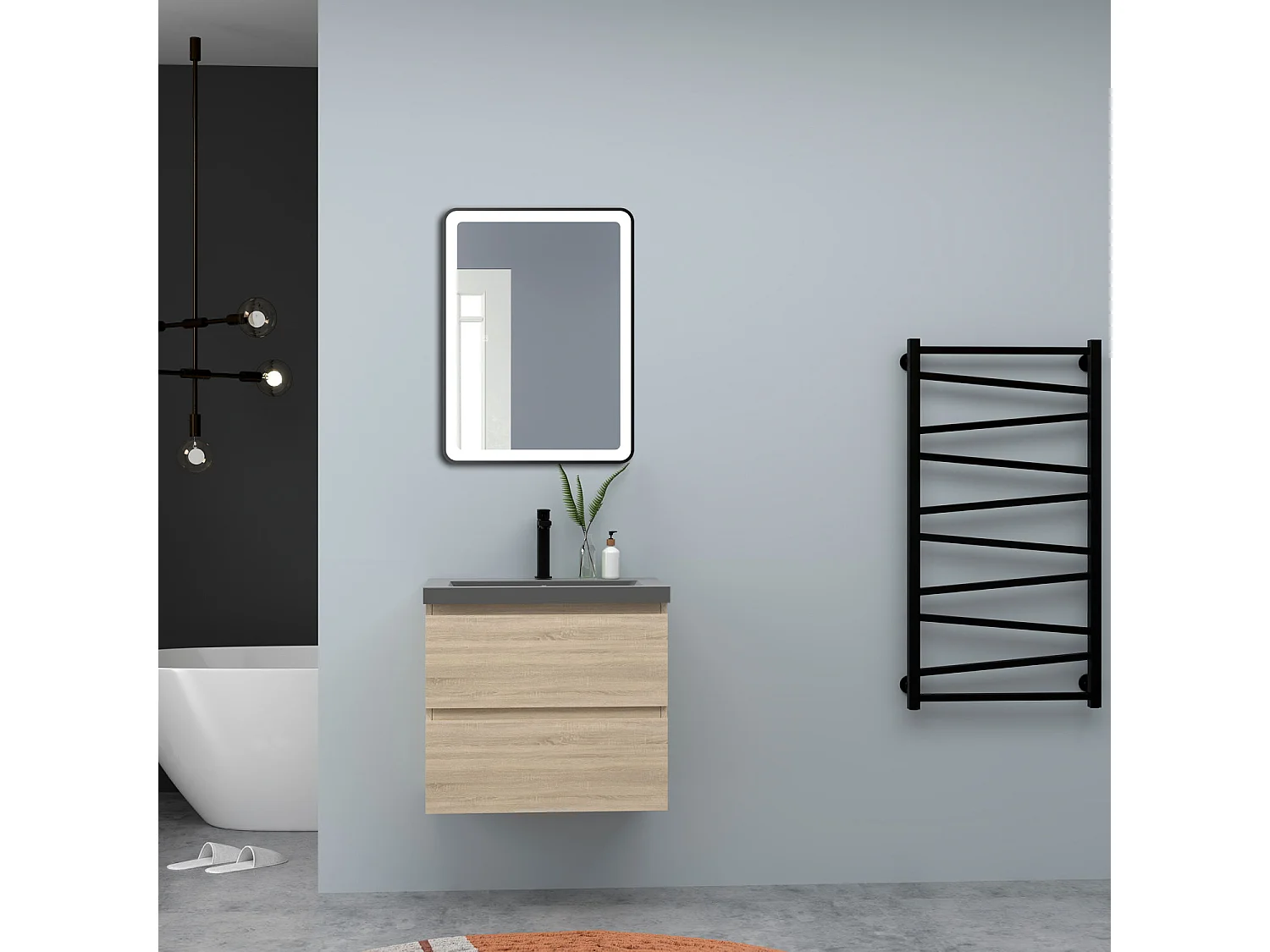 AICA Waschbeckenunterschrank hängend 60cm Dunkelgrau Mineralguss-Waschbecken mit Unterschrank - Eiche Matt - CINIC