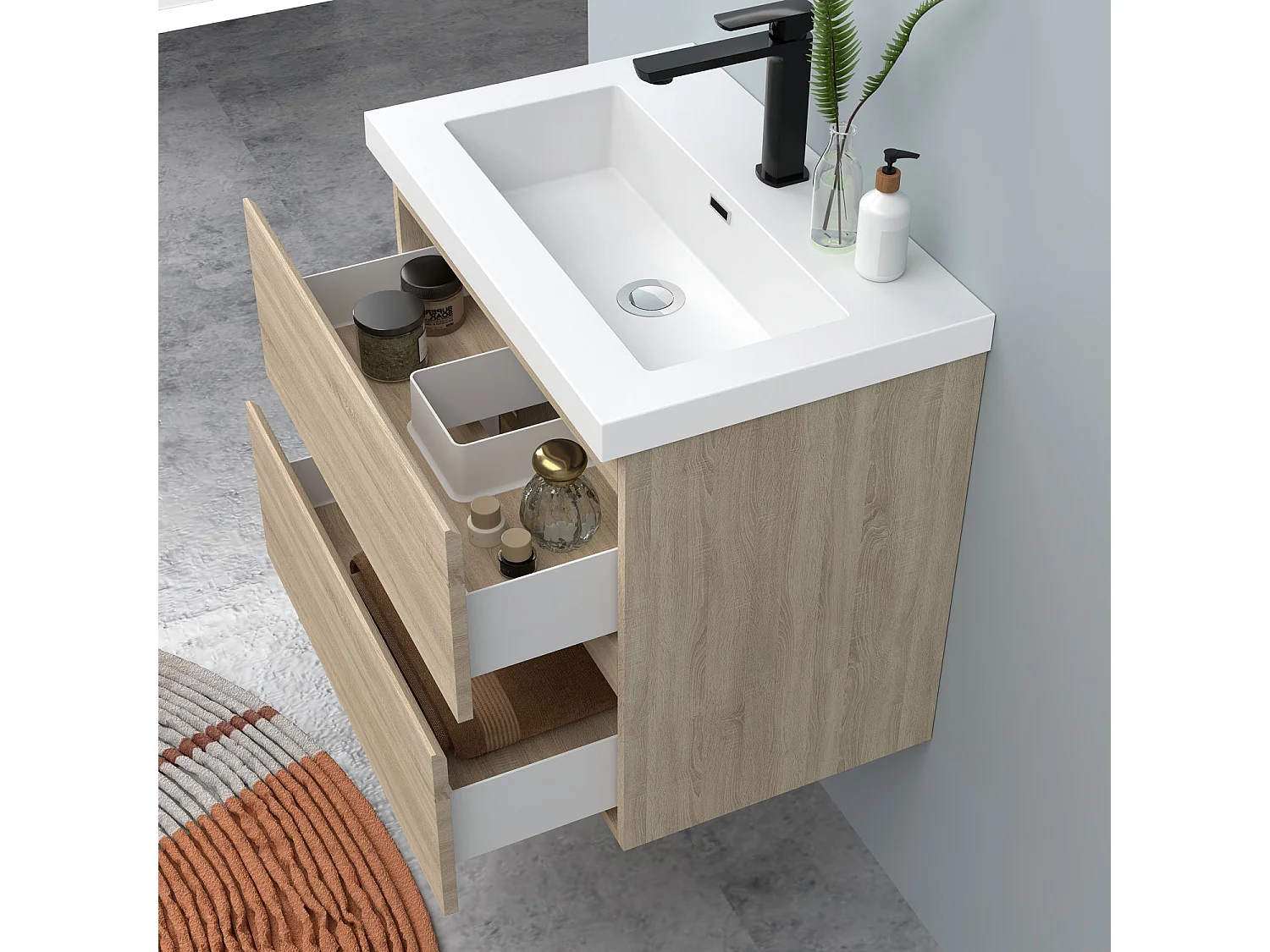 AICA Waschbeckenunterschrank hängend 60cm Rechteckiges Mineralguss-Waschbecken mit Unterschrank - Eiche Matt - CINIC