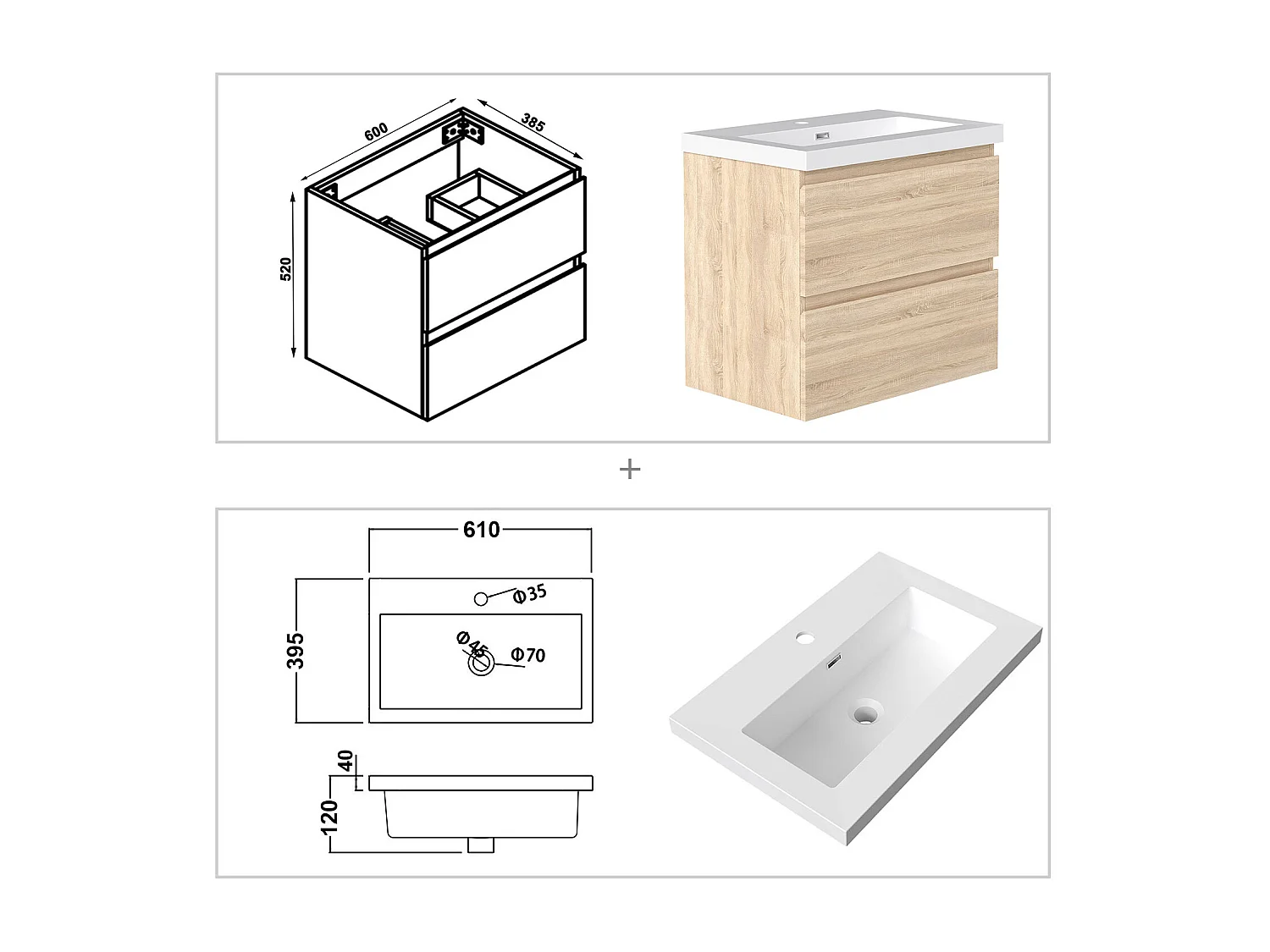 AICA Waschbeckenunterschrank hängend 60cm Rechteckiges Mineralguss-Waschbecken mit Unterschrank - Eiche Matt - CINIC