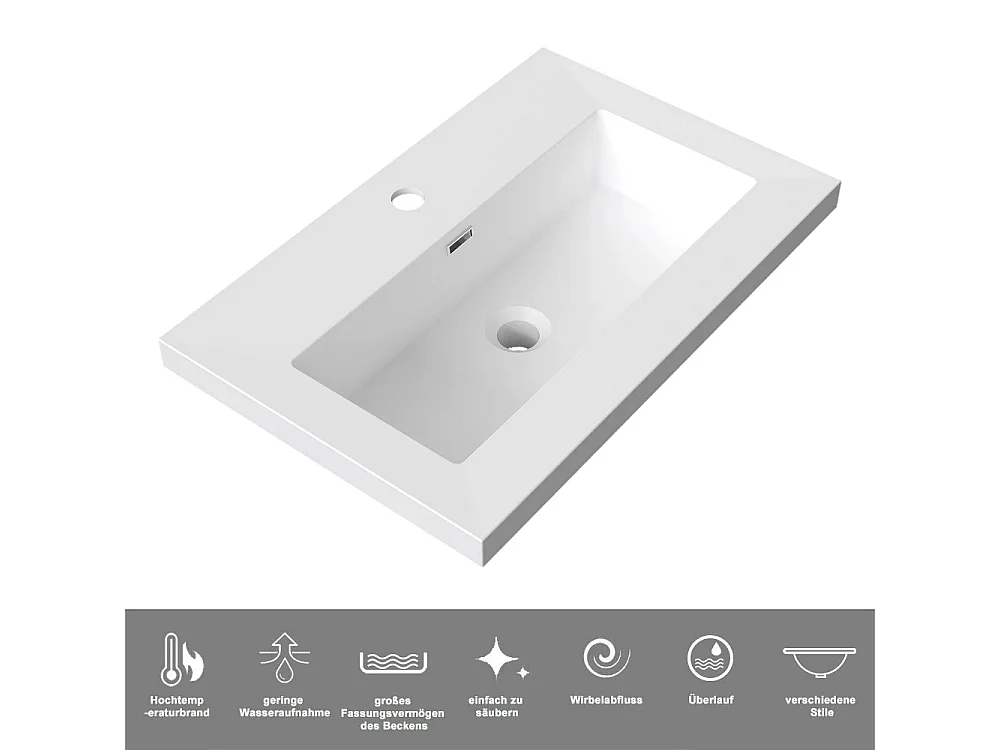 AICA Waschbeckenunterschrank hängend 60cm Rechteckiges Mineralguss-Waschbecken mit Unterschrank - Eiche Matt - CINIC