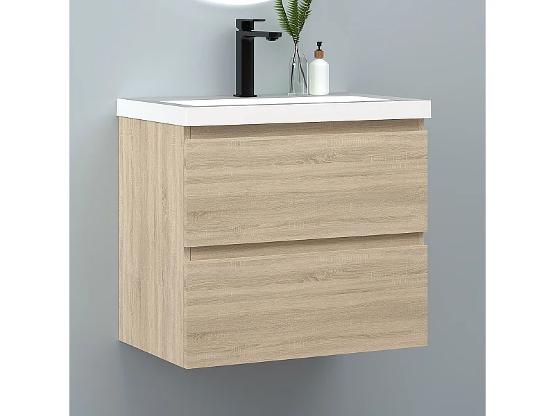 AICA Waschbeckenunterschrank hängend 60cm Rechteckiges Mineralguss-Waschbecken mit Unterschrank - Eiche Matt - CINIC