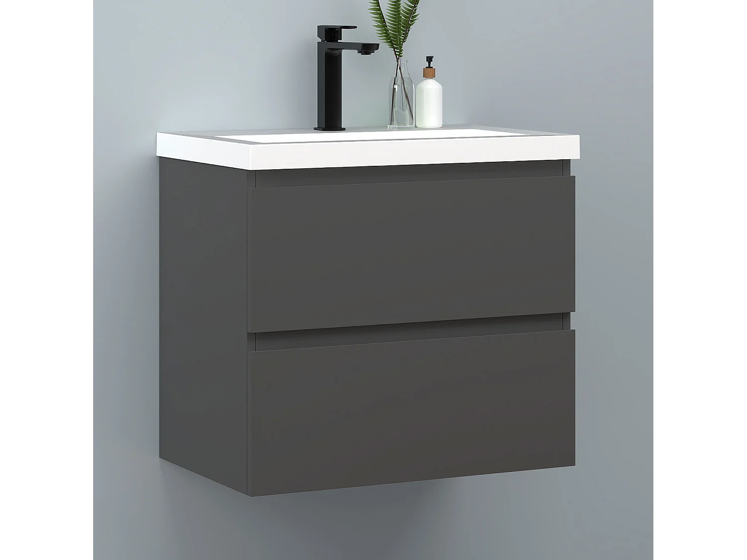 AICA Waschbeckenunterschrank hängend 60cm Rechteckiges Mineralguss-Waschbecken mit Unterschrank - Dunkelgrau Matt - CINIC