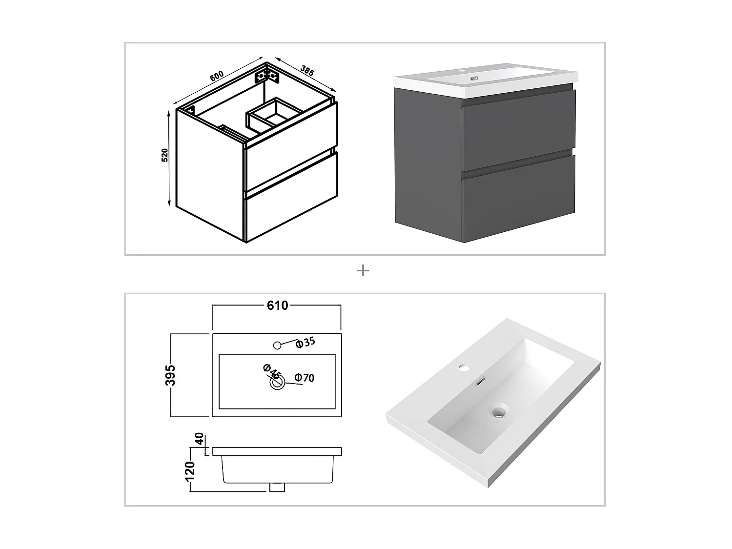 AICA Waschbeckenunterschrank hängend 60cm Rechteckiges Mineralguss-Waschbecken mit Unterschrank - Dunkelgrau Matt - CINIC