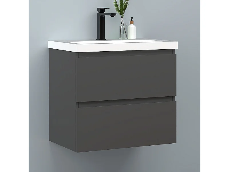 AICA Waschbeckenunterschrank hängend 60cm Rechteckiges Mineralguss-Waschbecken mit Unterschrank - Dunkelgrau Matt - CINIC