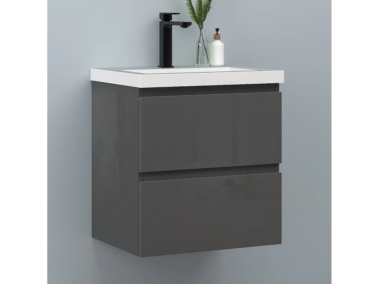 AICA Waschbeckenunterschrank hängend 50cm Rechteckiges Mineralguss-Waschbecken mit Unterschrank - Hochglanz Dunkelgrau - CINIC