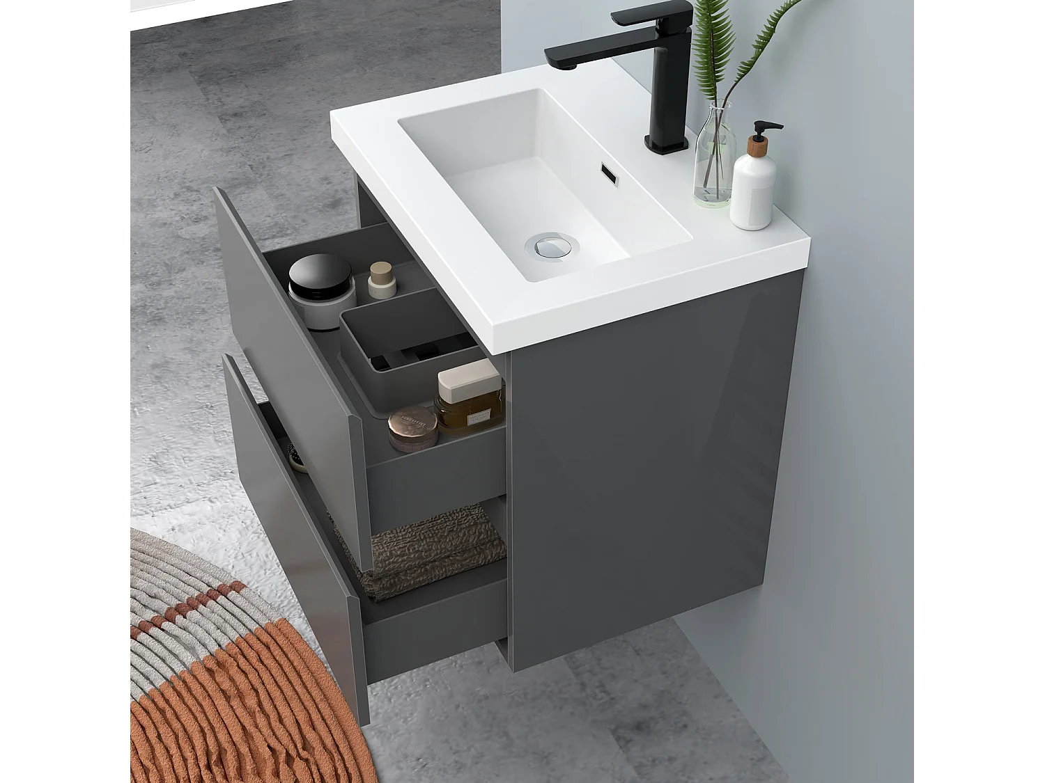 AICA Waschbeckenunterschrank hängend 50cm Rechteckiges Mineralguss-Waschbecken mit Unterschrank - Hochglanz Dunkelgrau - CINIC