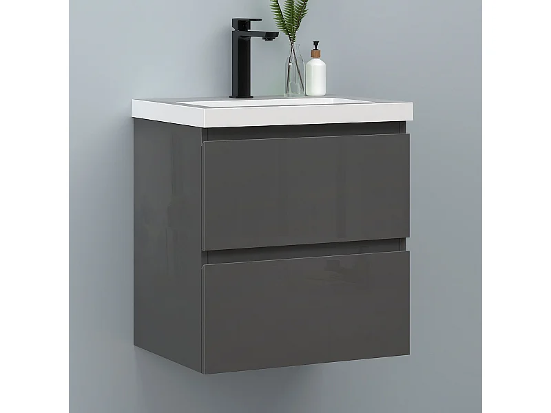 AICA Waschbeckenunterschrank hängend 50cm Rechteckiges Mineralguss-Waschbecken mit Unterschrank - Hochglanz Dunkelgrau - CINIC