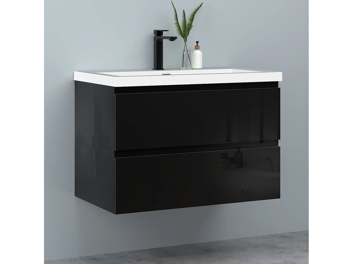 AICA Waschbeckenunterschrank hängend 80cm Rechteckiges Mineralguss-Waschbecken mit Unterschrank - Hochglanz Schwarz - CINIC