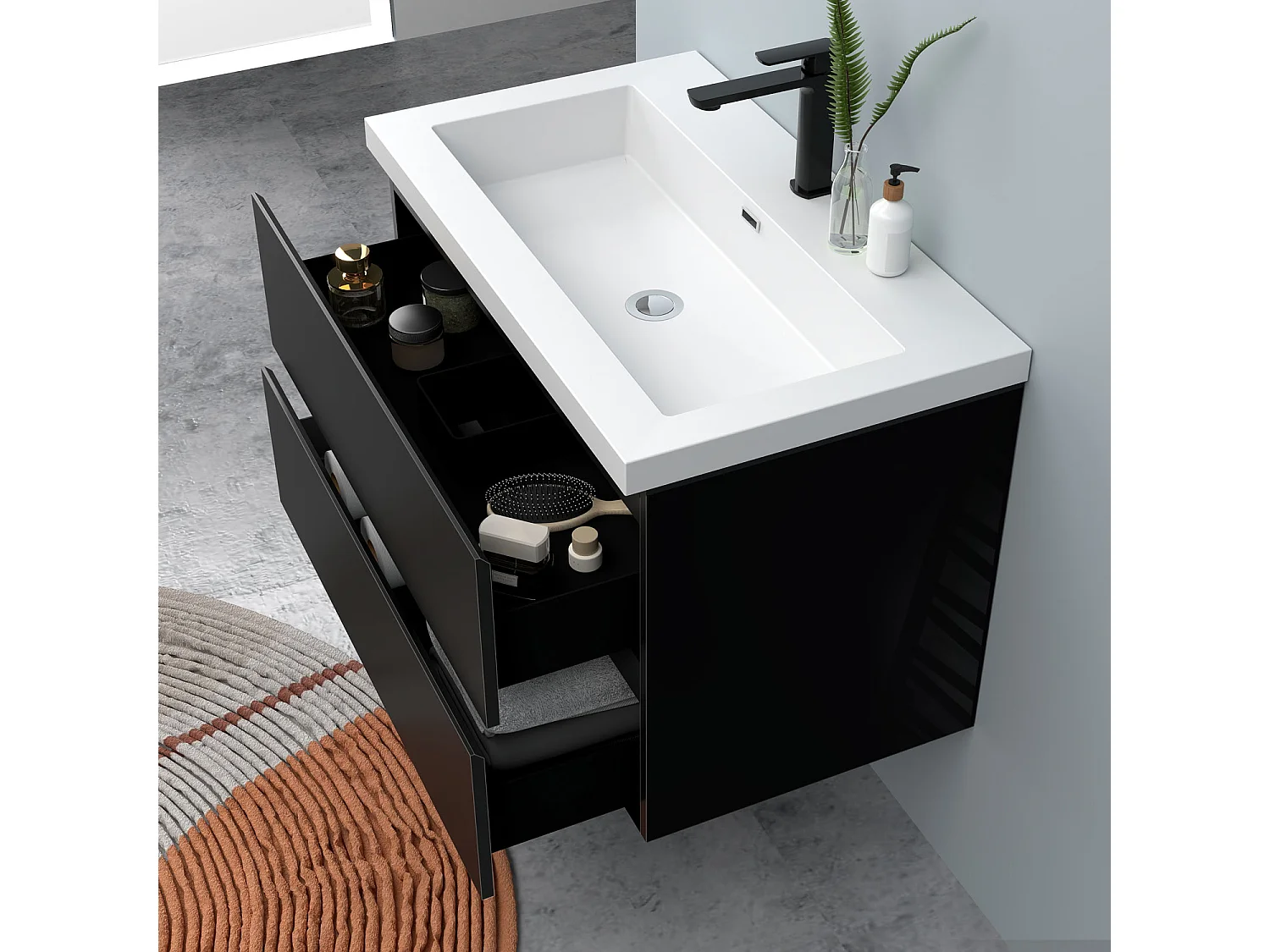 AICA Waschbeckenunterschrank hängend 80cm Rechteckiges Mineralguss-Waschbecken mit Unterschrank - Hochglanz Schwarz - CINIC