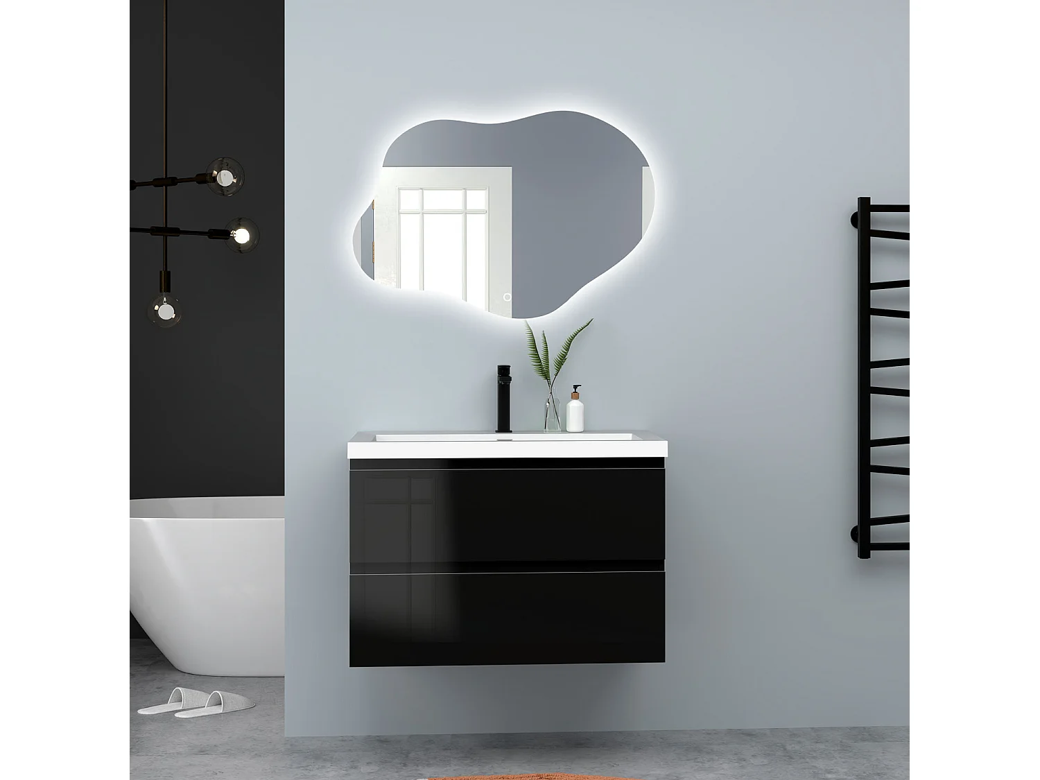 AICA Waschbeckenunterschrank hängend 80cm Rechteckiges Mineralguss-Waschbecken mit Unterschrank - Hochglanz Schwarz - CINIC