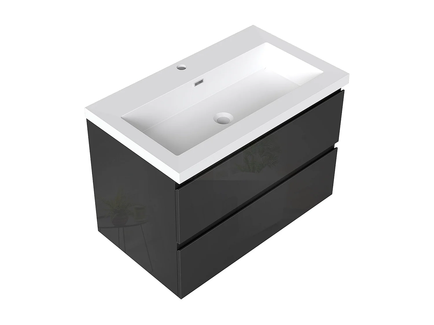 AICA Waschbeckenunterschrank hängend 80cm Rechteckiges Mineralguss-Waschbecken mit Unterschrank - Hochglanz Schwarz - CINIC