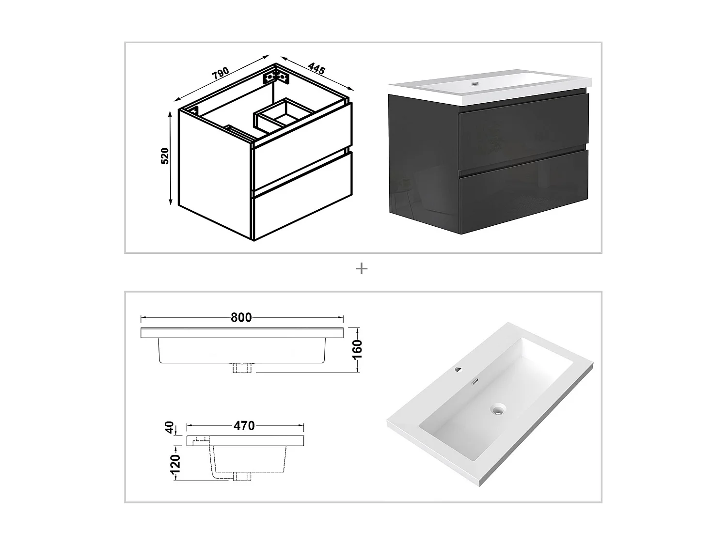 AICA Waschbeckenunterschrank hängend 80cm Rechteckiges Mineralguss-Waschbecken mit Unterschrank - Hochglanz Schwarz - CINIC