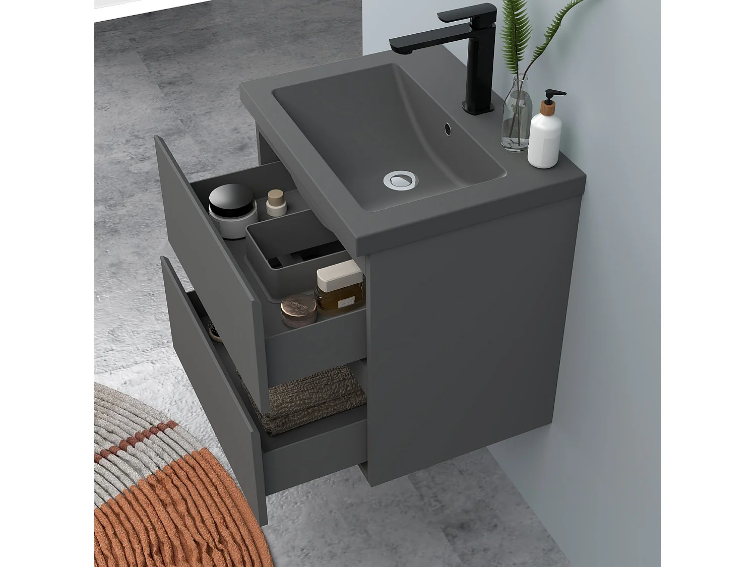 AICA Waschbeckenunterschrank hängend 50cm Dunkelgrau Mineralguss-Waschbecken mit Unterschrank - Dunkelgrau Matt - CINIC