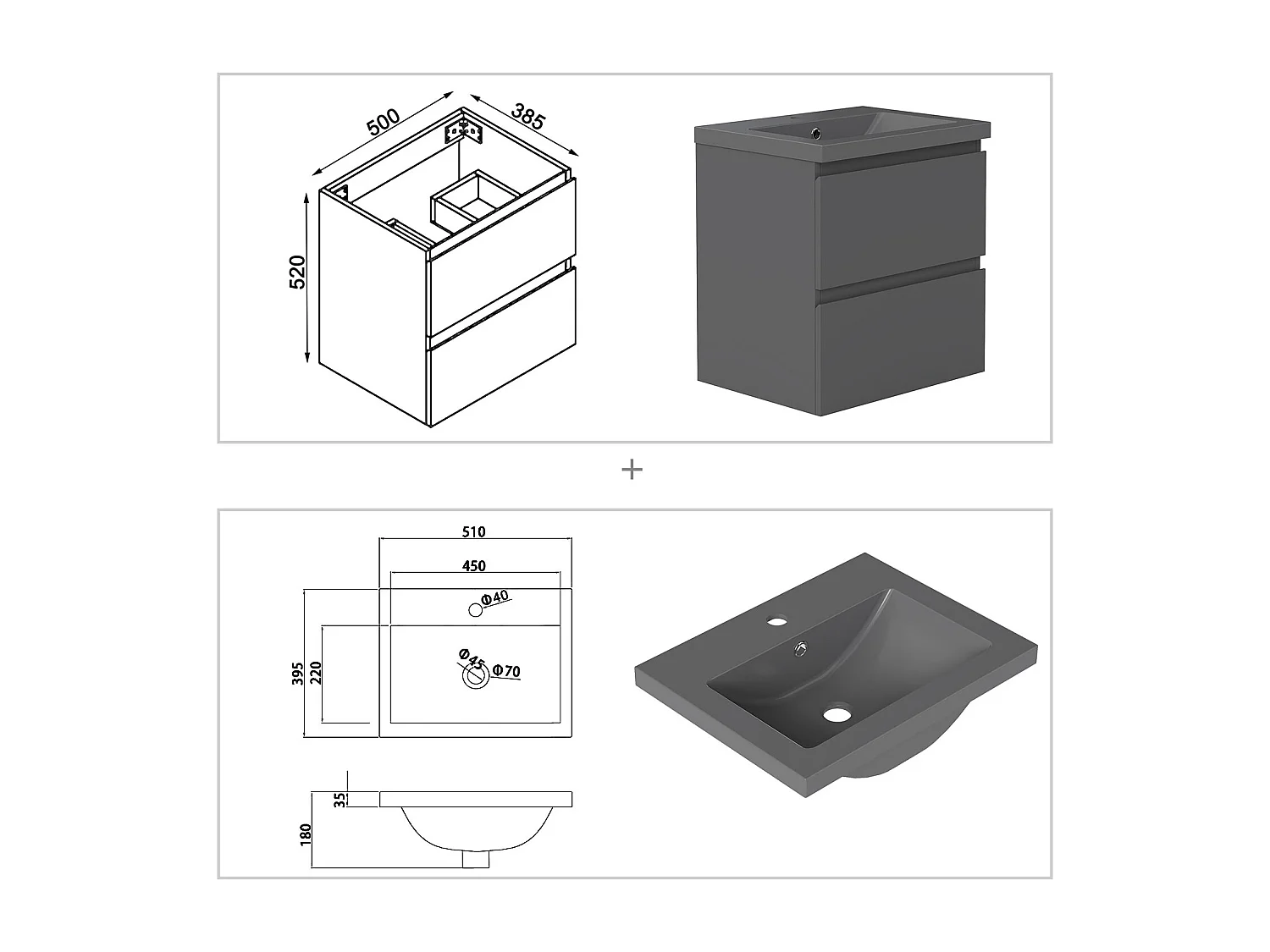 AICA Waschbeckenunterschrank hängend 50cm Dunkelgrau Mineralguss-Waschbecken mit Unterschrank - Dunkelgrau Matt - CINIC