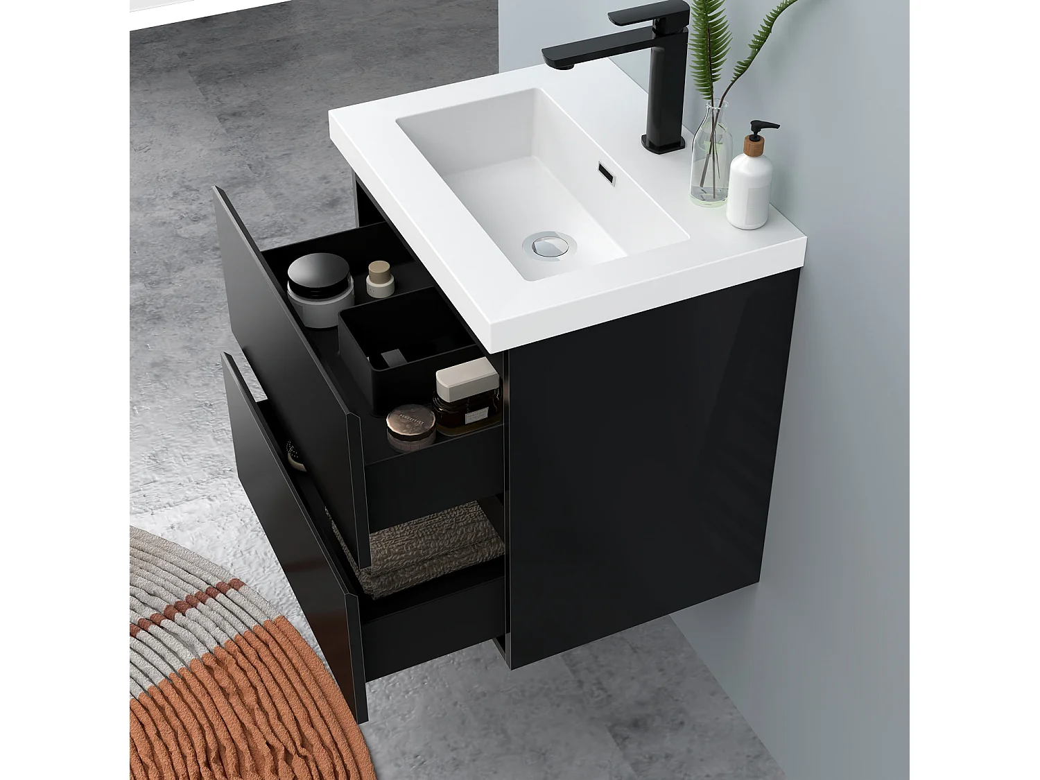 AICA Waschbeckenunterschrank hängend 50cm Rechteckiges Mineralguss-Waschbecken mit Unterschrank - Hochglanz Schwarz - CINIC